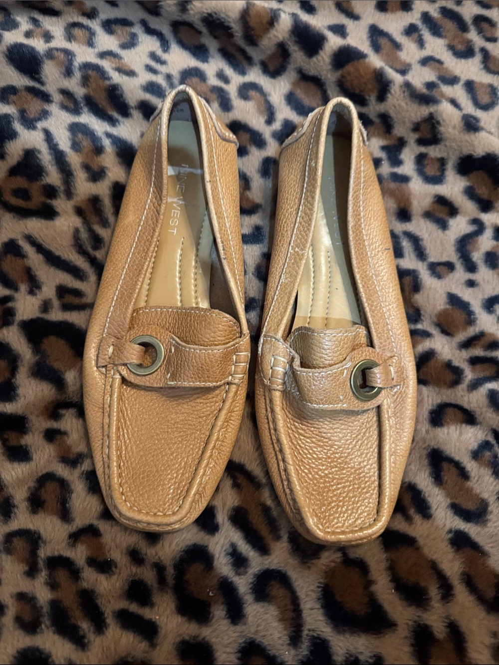 Nine West Women's Camel Leather Loafers with Metal Ring Accent